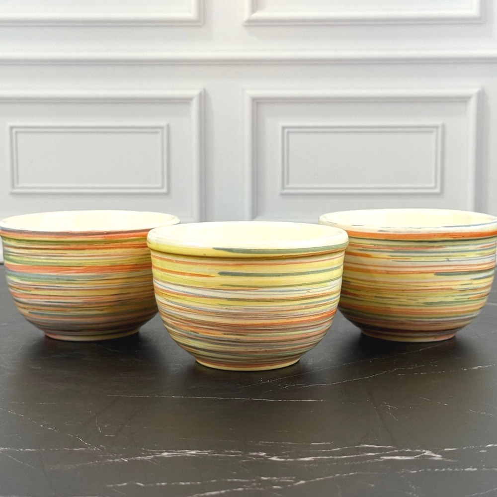 Set of 3 Faiancas Ideal Portugal Hand Painted Striped Ceramic Dessert Bowls